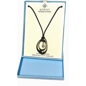 Atterri Brown Leather Necklace Pearl Pendant Adjustable 30” Modern Minimalist